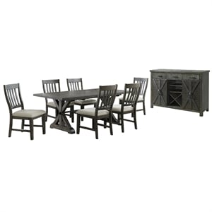 Trestle 8Pc 96&quot Rectangle Extendable Dining Table Set /Wine Server in Gray Wood