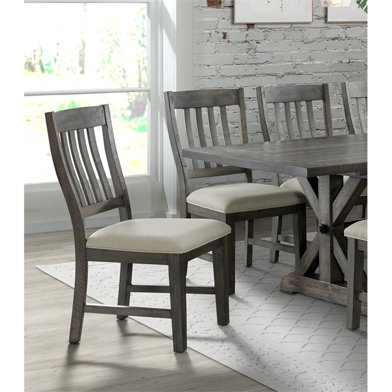 Trestle Slat Back Upholstered Dining Side Chair  Set of 2 Distressed Gray Wood