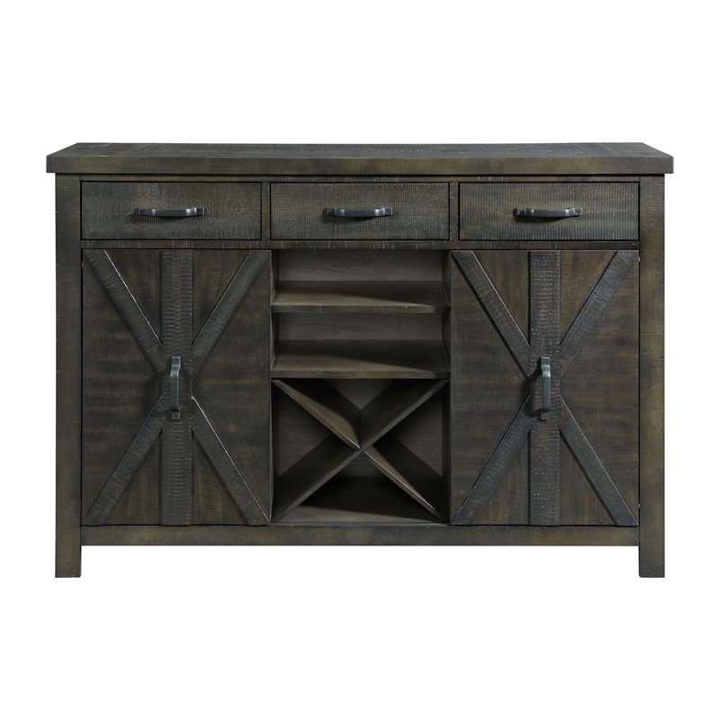 Trestle Server with Wine Rack Shelves Drawers in Distressed Gray Solid Wood