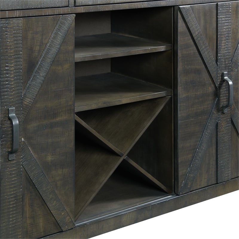 Trestle Server with Wine Rack Shelves Drawers in Distressed Gray Solid Wood