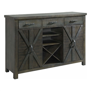 Trestle Server with Wine Rack Shelves Drawers in Distressed Gray Solid Wood