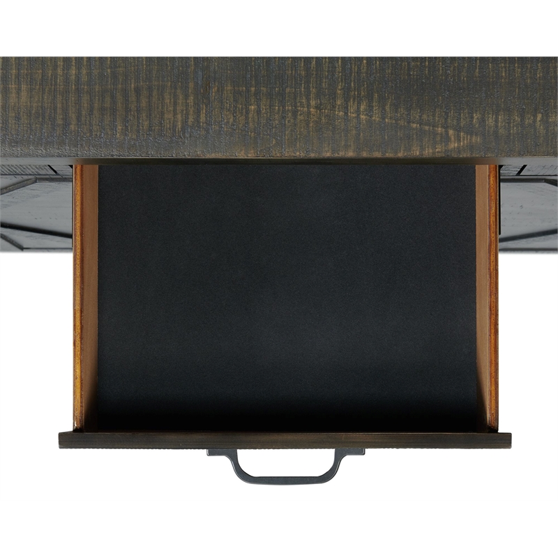 Trestle Server with Wine Rack Shelves Drawers in Distressed Gray Solid Wood