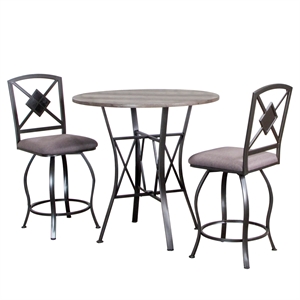 star 36-in round pub table set in gray metal with wood and 2 swivel barstools