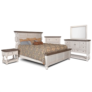 rustic french 5pc king bedroom set in distressed white/brown wood / panel bed