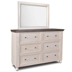rustic french 6 drawer double dresser and mirror in distressed white/brown wood