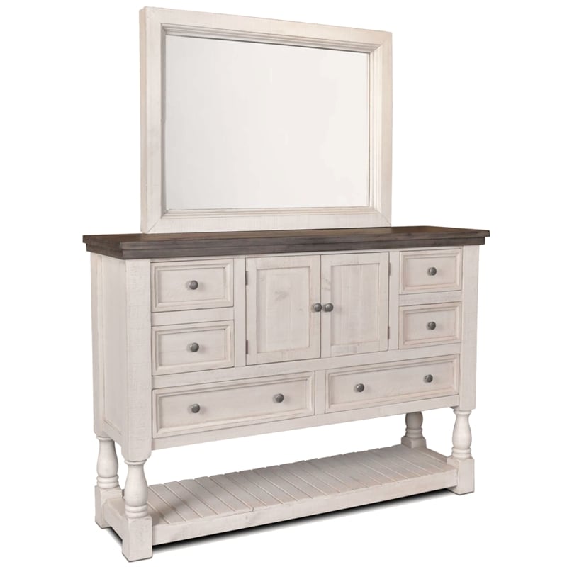 Rustic French Dresser Mirror Set 6 Drawers/Cabinets/Shelf in White/Brown Wood