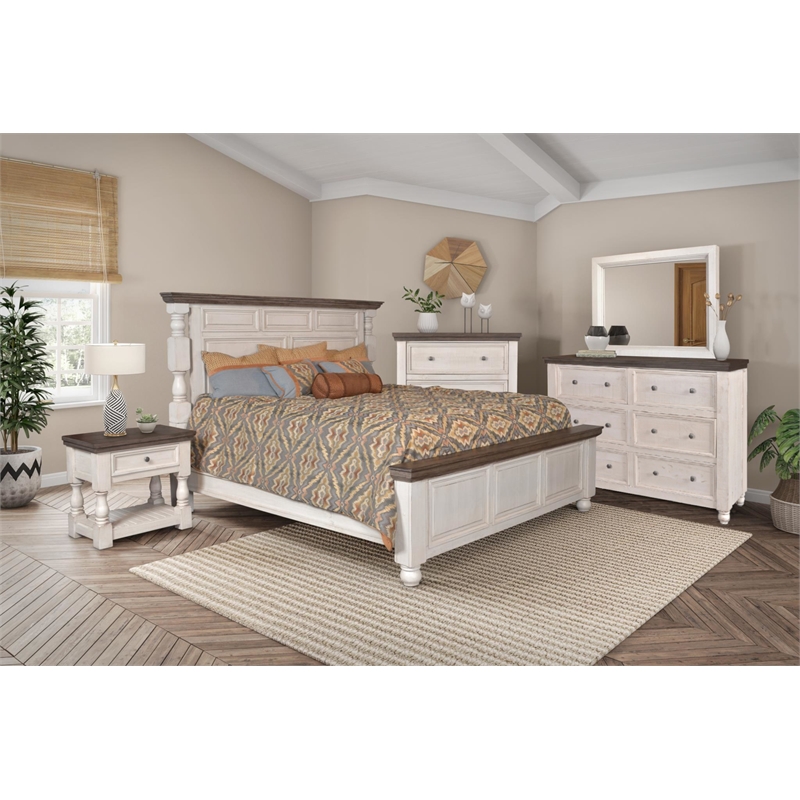 Rustic French 6 Drawer Double Dresser in Distressed White/Brown Wood