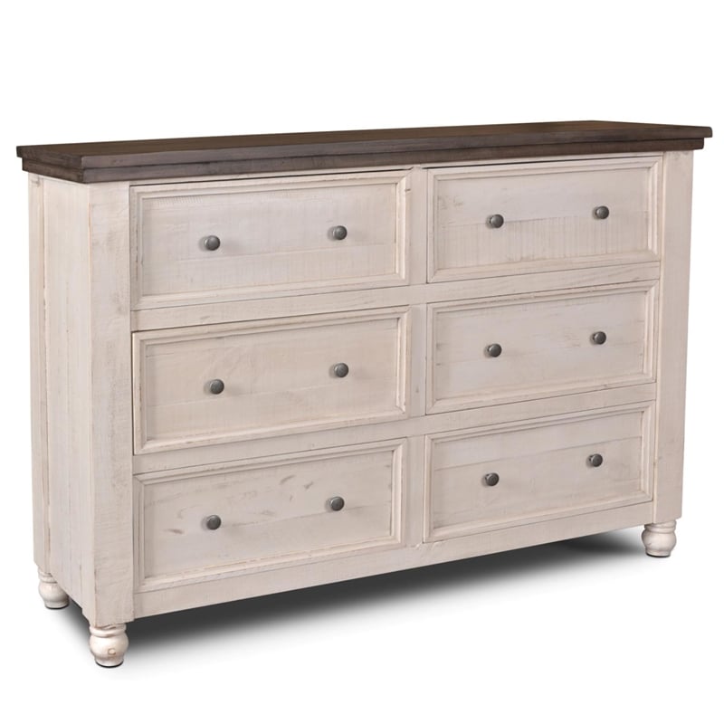 Rustic French 6 Drawer Double Dresser in Distressed White/Brown Wood