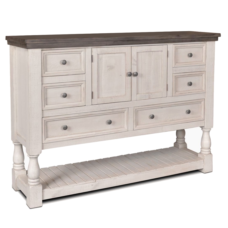 Rustic French 6 Drawer Dresser 2 Cabinets/Shelf in Distressed White/Brown Wood
