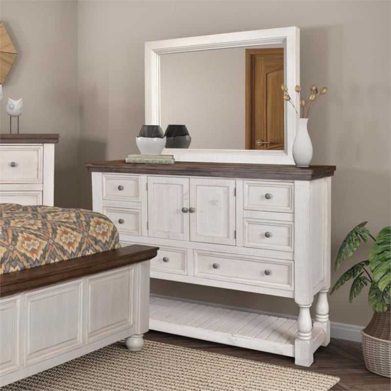Rustic French 6 Drawer Dresser 2 Cabinets/Shelf in Distressed White/Brown Wood
