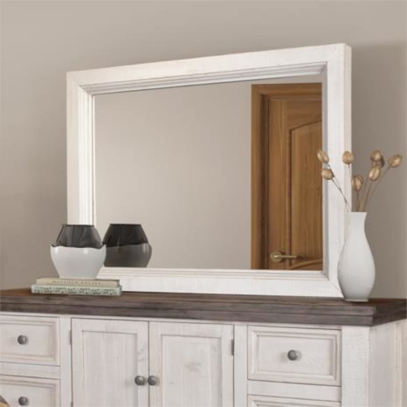 Rustic French Bedroom Mirror in Distressed White/Brown Solid Wood