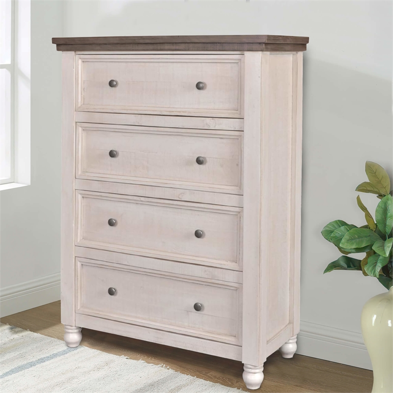 Rustic French Bedroom 4 Drawer Chest in Distressed White/Brown Solid Wood