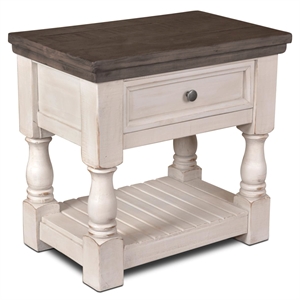 rustic french bedroom nightstand with shelf in distressed white/brown solid wood