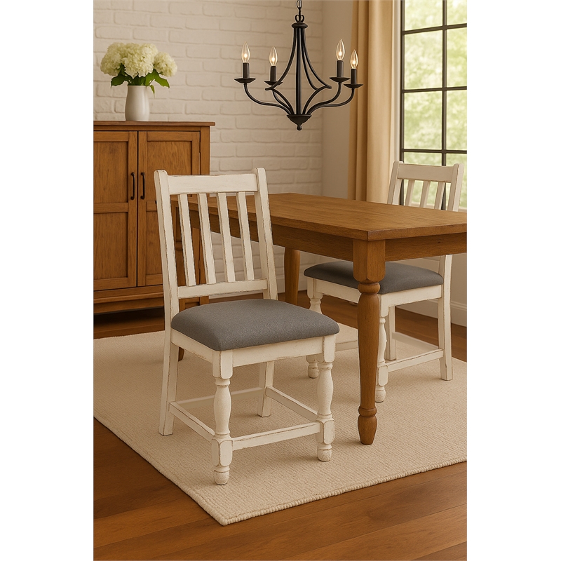 Rustic French Dining Chair in Distressed White Wood/Brown Fabric Seat Set of 2