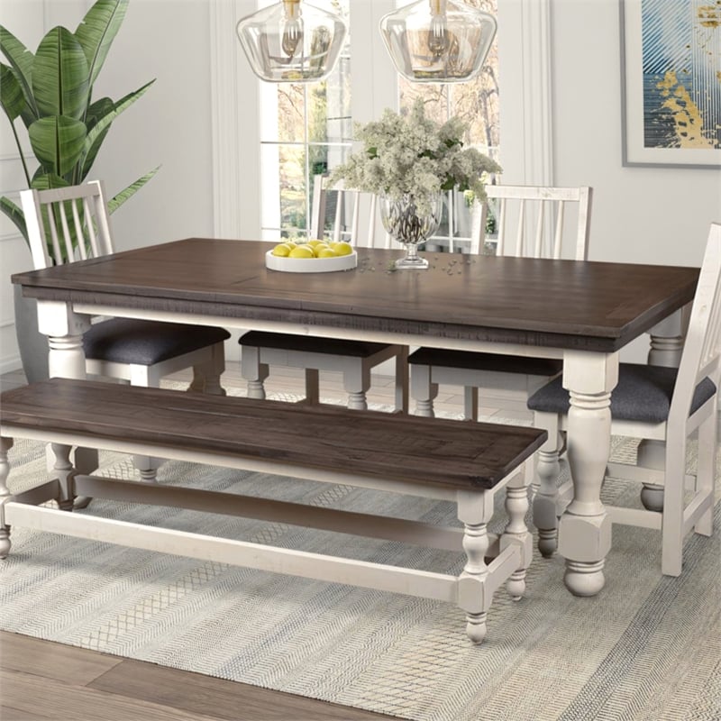 Rustic French 78-in Rectangle Dining Table in Distressed White/Brown Solid Wood