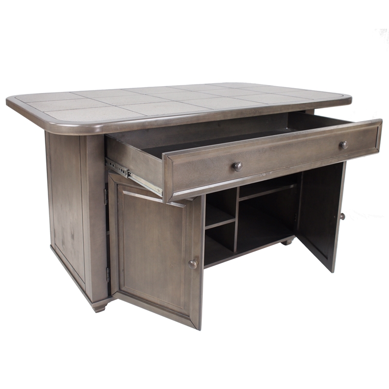 Shades of Gray 3Pc Solid Wood Kitchen Island Set w Grey Tile Top and 2 Barstools