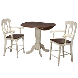andrews 3pc 42-in round drop leaf pub table set antique white and brown wood
