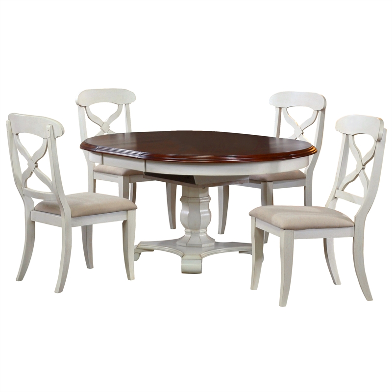 Andrews 5PC 48in Round 66in Oval Extending Dining Table Set Off White Brown Wood