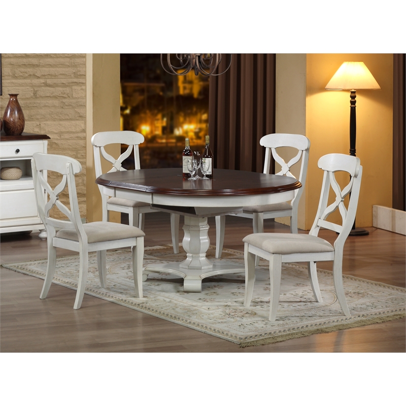 Andrews 5PC 48in Round 66in Oval Extending Dining Table Set Off White Brown Wood
