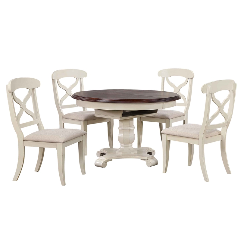 Andrews 5PC 48in Round 66in Oval Extending Dining Table Set Off White Brown Wood