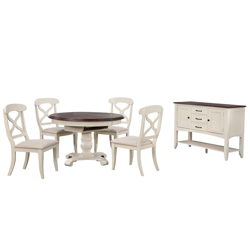 Andrews Extendable Dining Set and Sideboard in Antique White/Chestnut Brown Wood