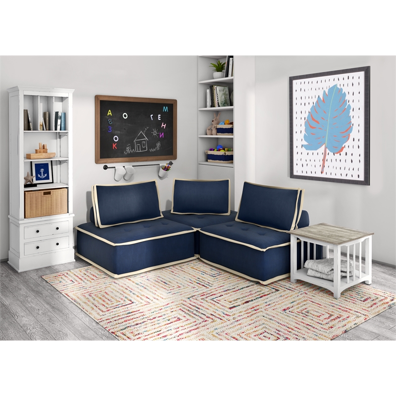 Pixie 3Pc Sofa Sectional Modular L Shaped Couch Navy Blue/Cream Fabric