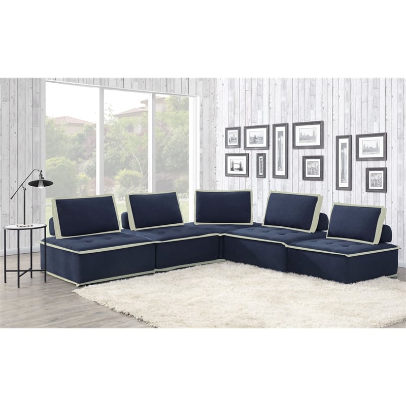 Pixie 5Pc Sofa Sectional Modular L-Shaped Couch Navy Blue/Cream Fabric