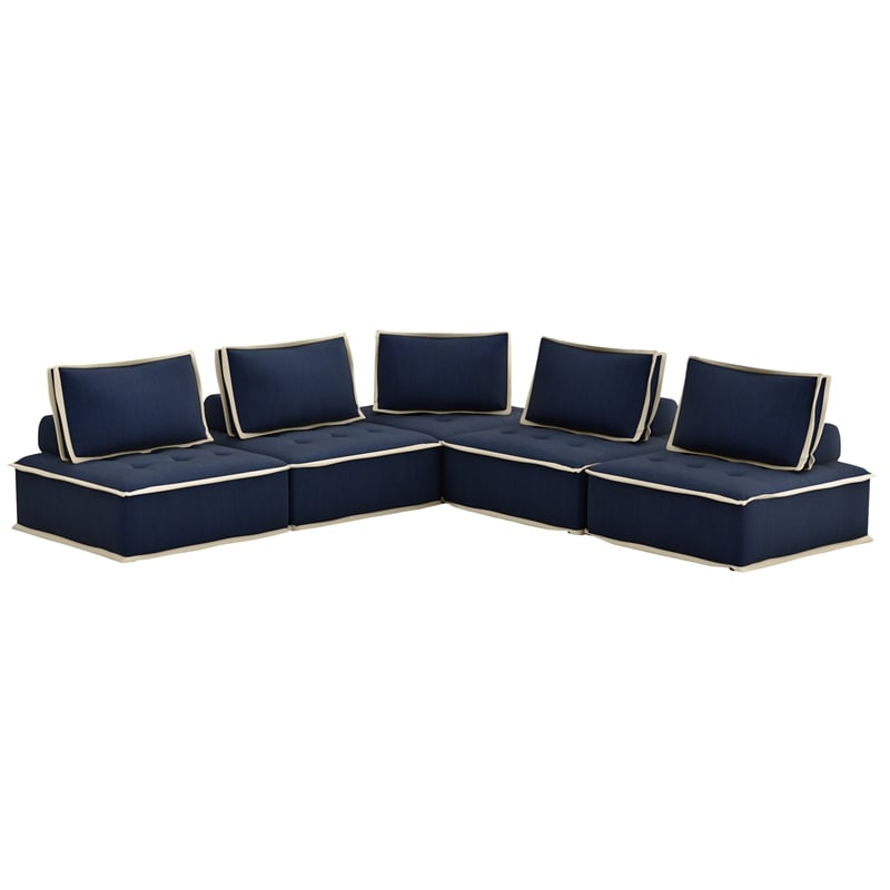 Pixie 5Pc Sofa Sectional Modular L-Shaped Couch Navy Blue/Cream Fabric