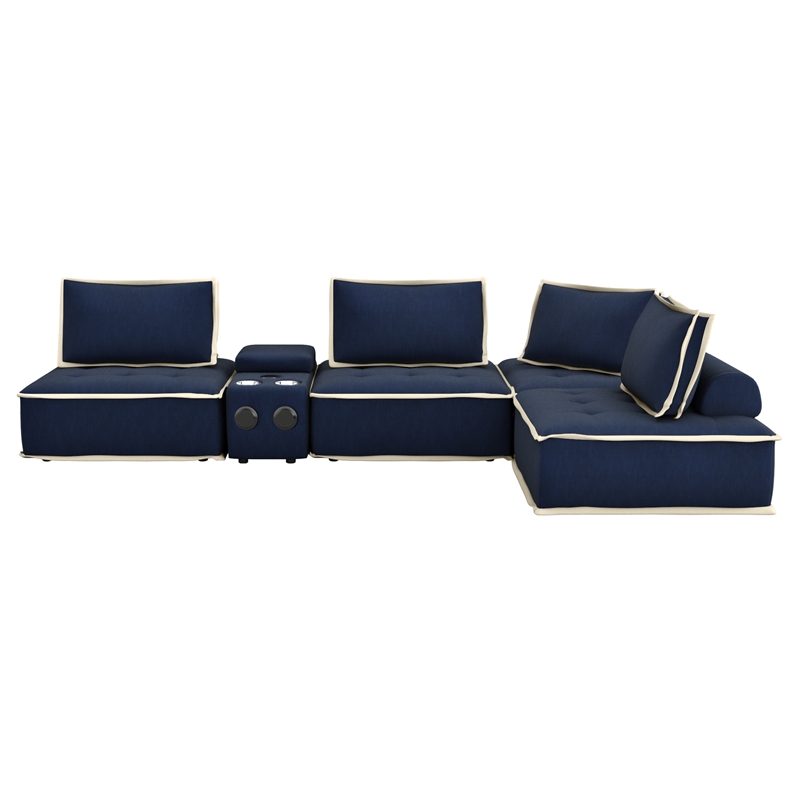 Pixie 5Pc Modular Sectional Sofa/Speaker Console USB Storage/Blue/Cream Fabric