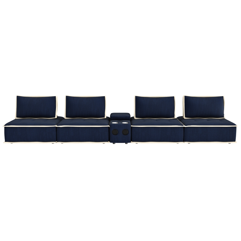 Pixie 5Pc Modular Sectional Sofa/Speaker Console USB Storage/Blue/Cream Fabric
