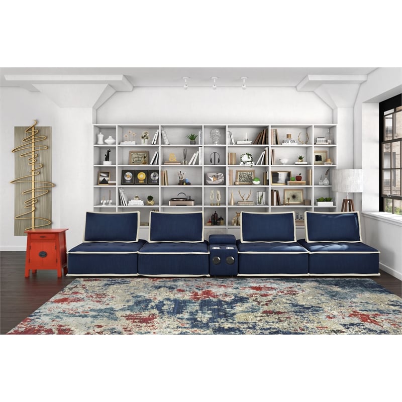 Pixie 5Pc Modular Sectional Sofa/Speaker Console USB Storage/Blue/Cream Fabric