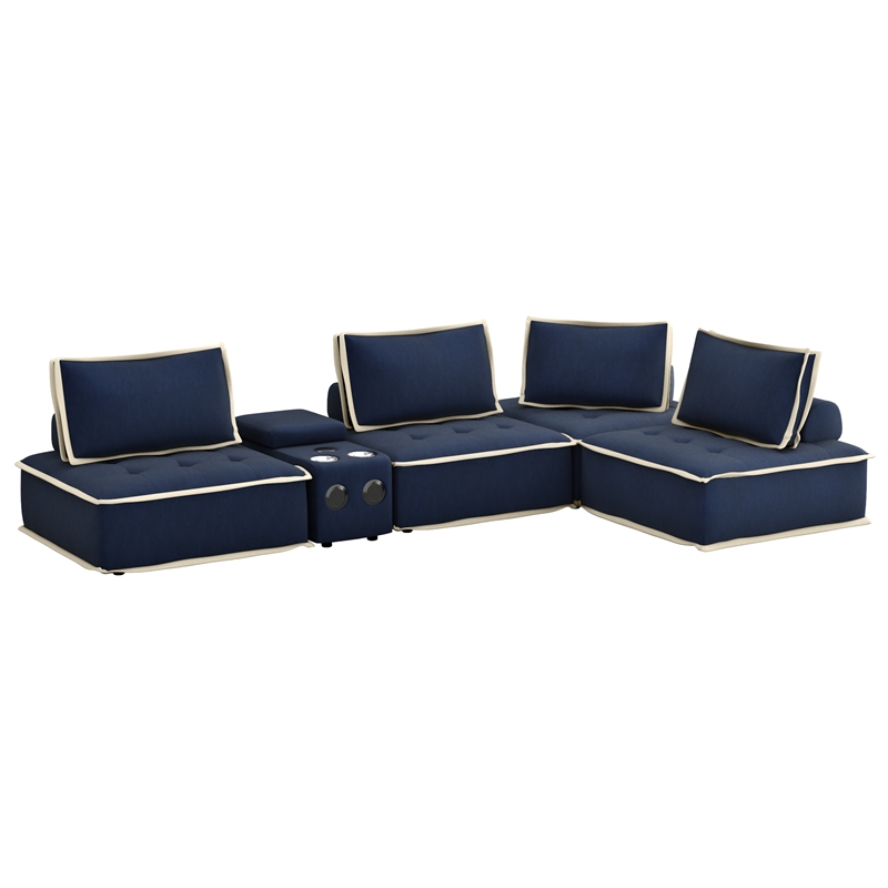 Pixie 5Pc Modular Sectional Sofa/Speaker Console USB Storage/Blue/Cream Fabric