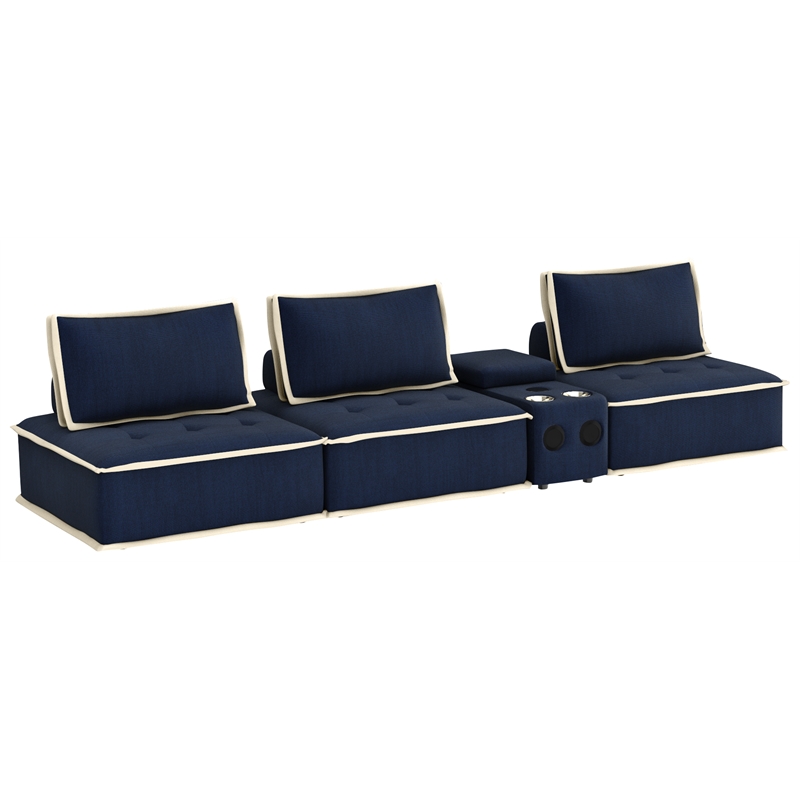 Pixie 4Pc Sectional Module Sofa/Speaker Console USB Storage/Blue/Cream Fabric