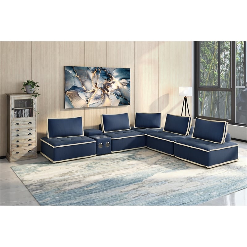 Pixie 6Pc Sectional Module Sofa/Speaker Console USB Storage/Blue/Cream Fabric