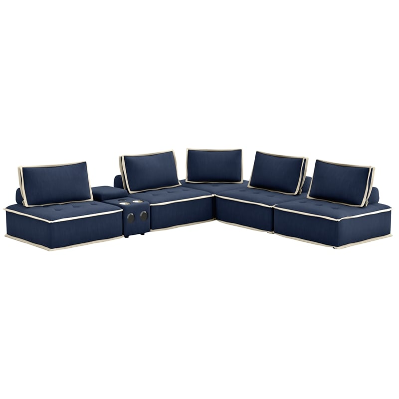 Pixie 6Pc Sectional Module Sofa/Speaker Console USB Storage/Blue/Cream Fabric
