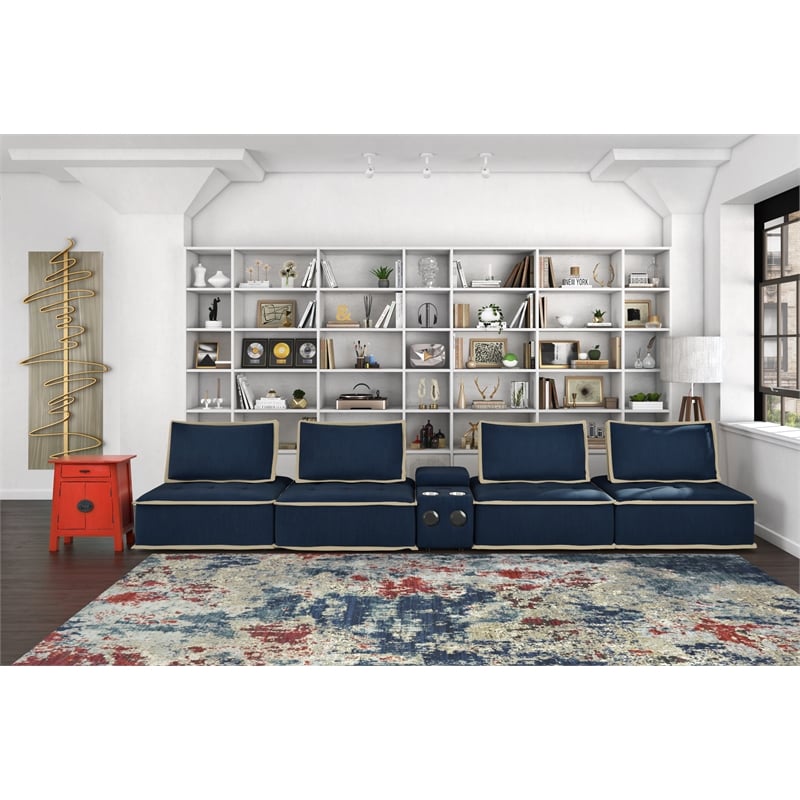Pixie 5Pc L-Shaped Modular Sofa w Speaker Console USB Storage Blue/Cream Fabric