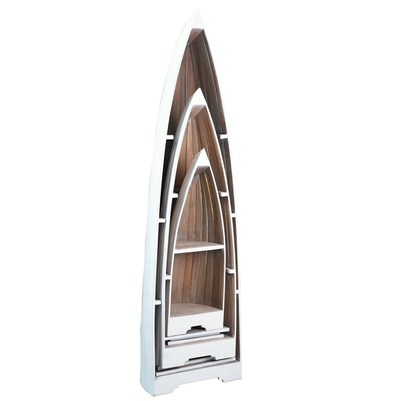 Cottage 3 Boat Shaped Freestanding Shelves in White Driftwood Brown Solid Wood