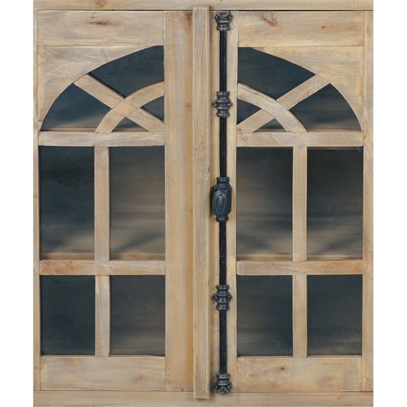 Cottage Arched Glass Door Credenza Driftwood Brown Solid Wood Display Cabinet