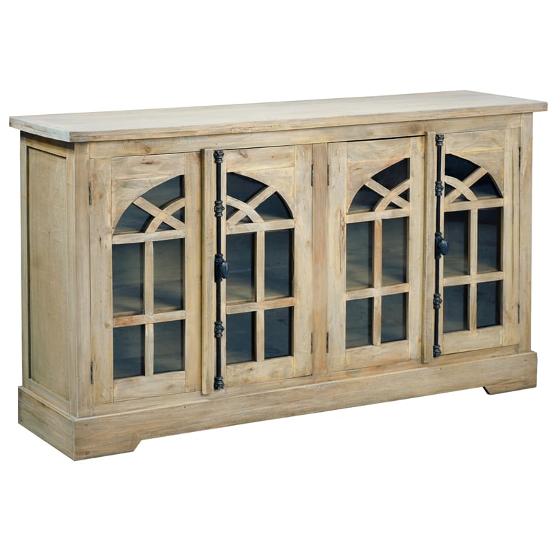 Cottage Arched Glass Door Credenza Driftwood Brown Solid Wood Display Cabinet