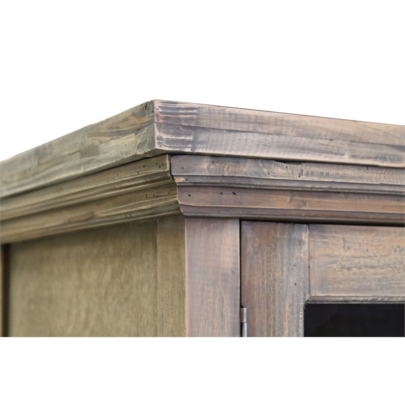 Cottage Clover Glass Door Credenza Driftwood Brown Solid Wood Display Cabinet