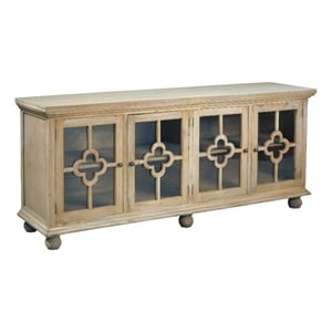 Cottage Clover Glass Door Credenza Driftwood Brown Solid Wood Display Cabinet