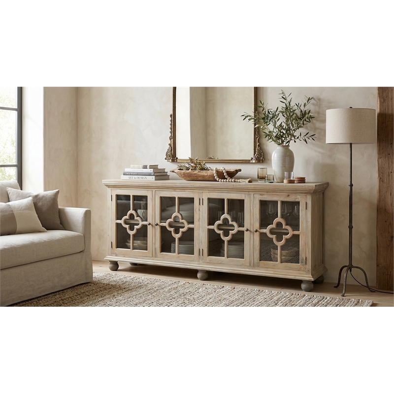 Cottage Clover Glass Door Credenza Driftwood Brown Solid Wood Display Cabinet