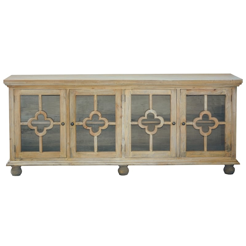 Cottage Clover Glass Door Credenza Driftwood Brown Solid Wood Display Cabinet