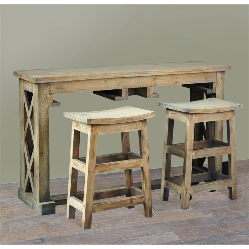 Cottage Rectangle 3PC Dining Table Set w Stools Brown Solid Wood No Assembly