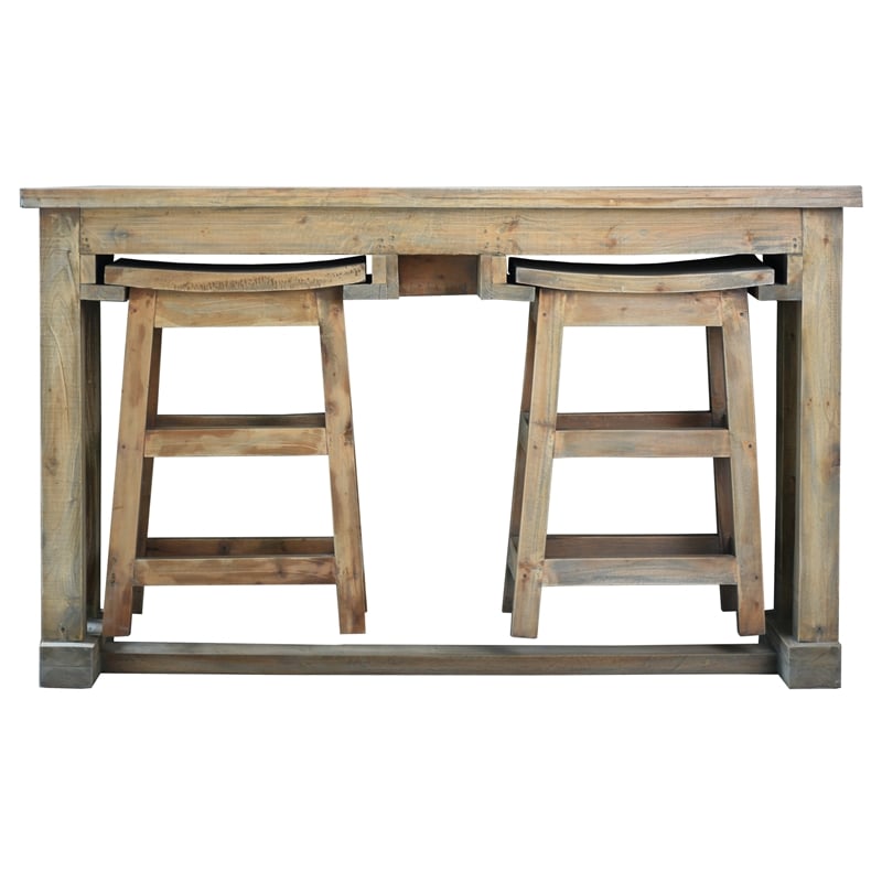 Cottage Rectangle 3PC Dining Table Set w Stools Brown Solid Wood No Assembly