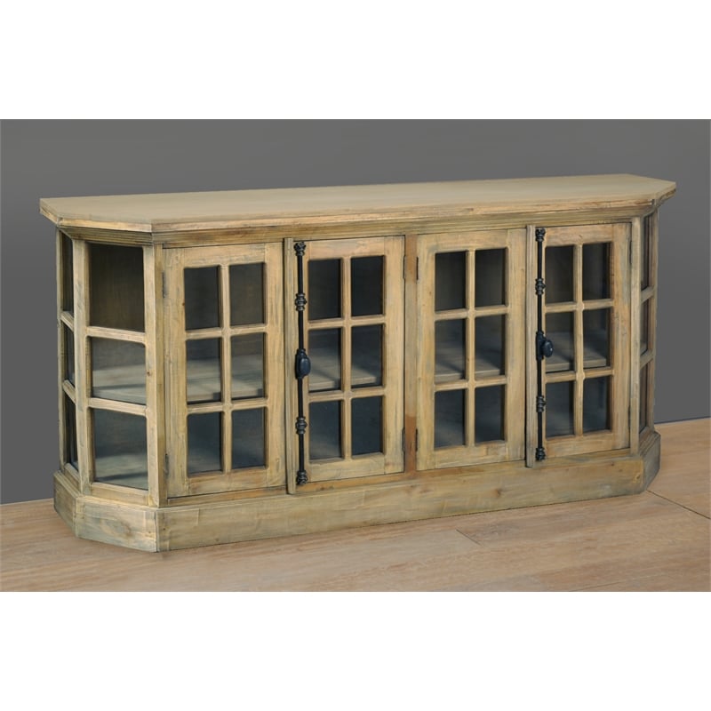 Cottage Window Pane Door Display Sideboard Brown Entryway Cabinet Solid Wood