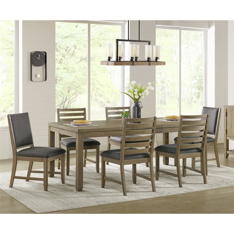 Saunders 7PC Extendable Dining Table Set w 6 Padded Chairs in Brown Acacia Wood