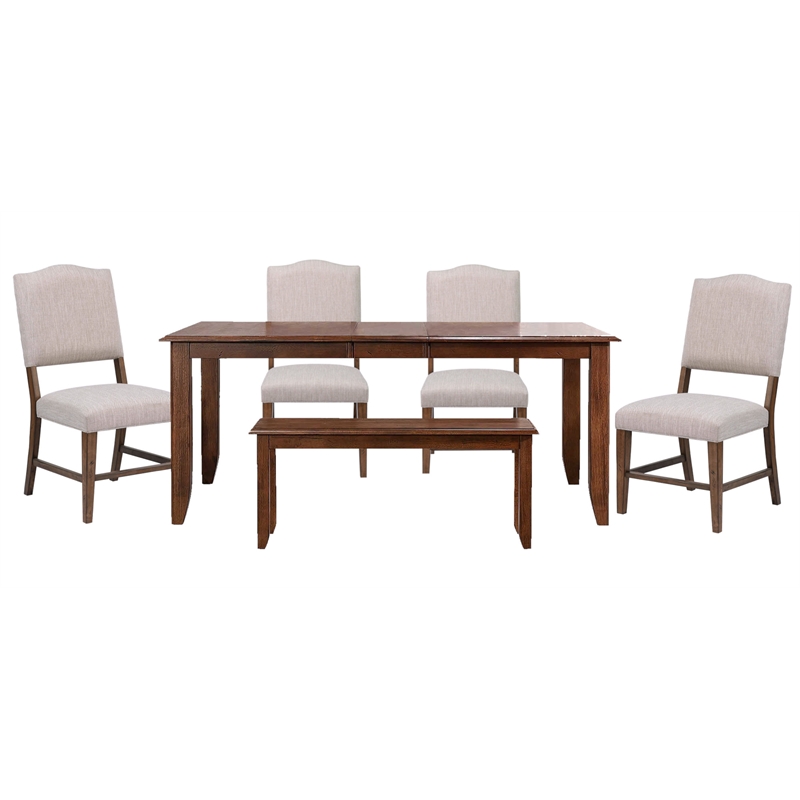 Simply Brook 6PC Extension Dining Set Performance Fabric Chairs Bench Brown Wood