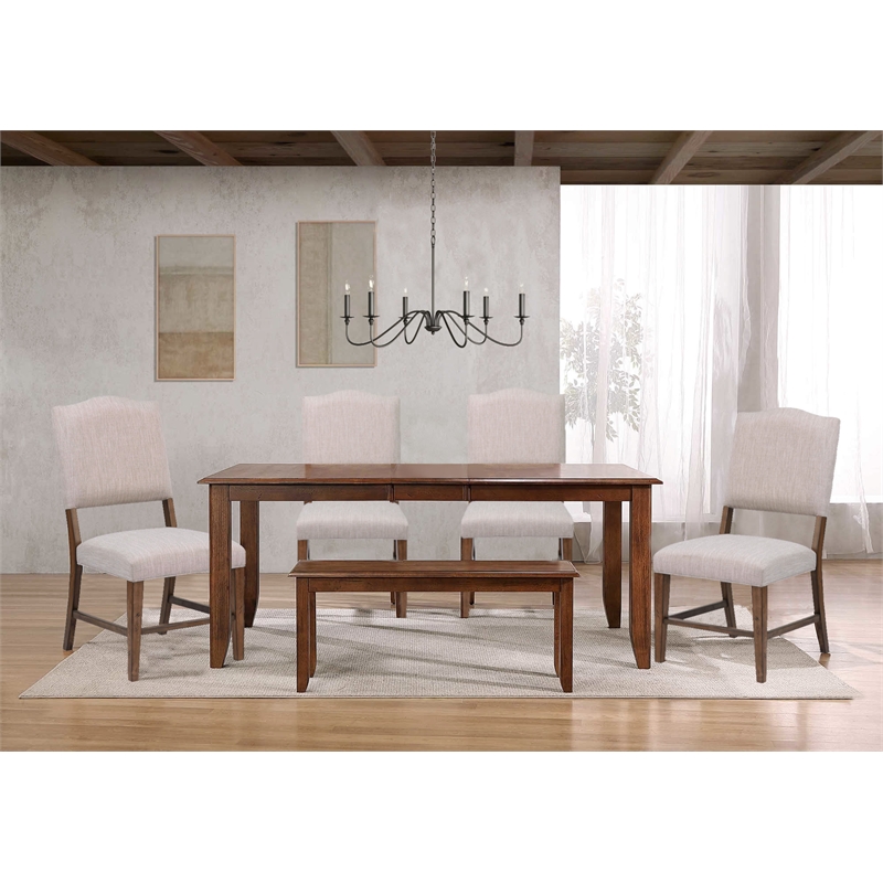 Simply Brook 6PC Extension Dining Set Performance Fabric Chairs Bench Brown Wood