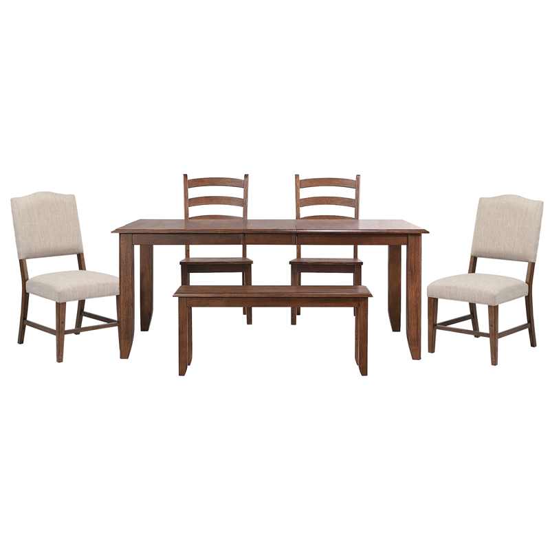 Simply Brook 6PC Extension Dining Set Performance Fabric Chairs Bench Brown Wood